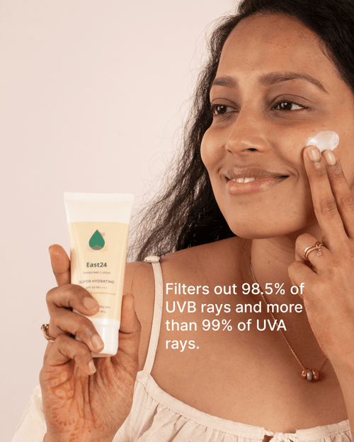 Woman applying East24 Super Hydrating SPF 50 PA++++ sunscreen in front.